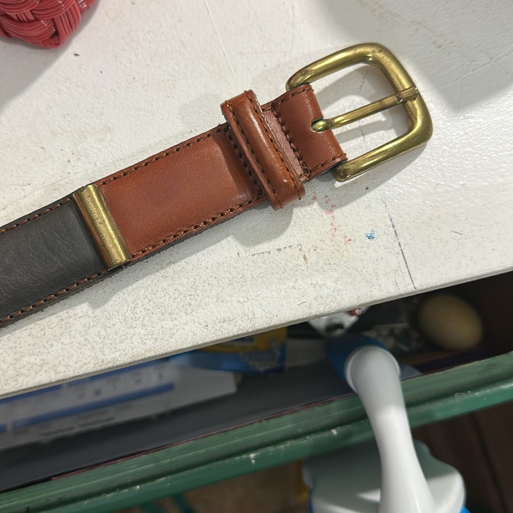 Fossil vintage leather belt color blocked Brown /burgandy/tan brass fittings - Picture 8 of 8